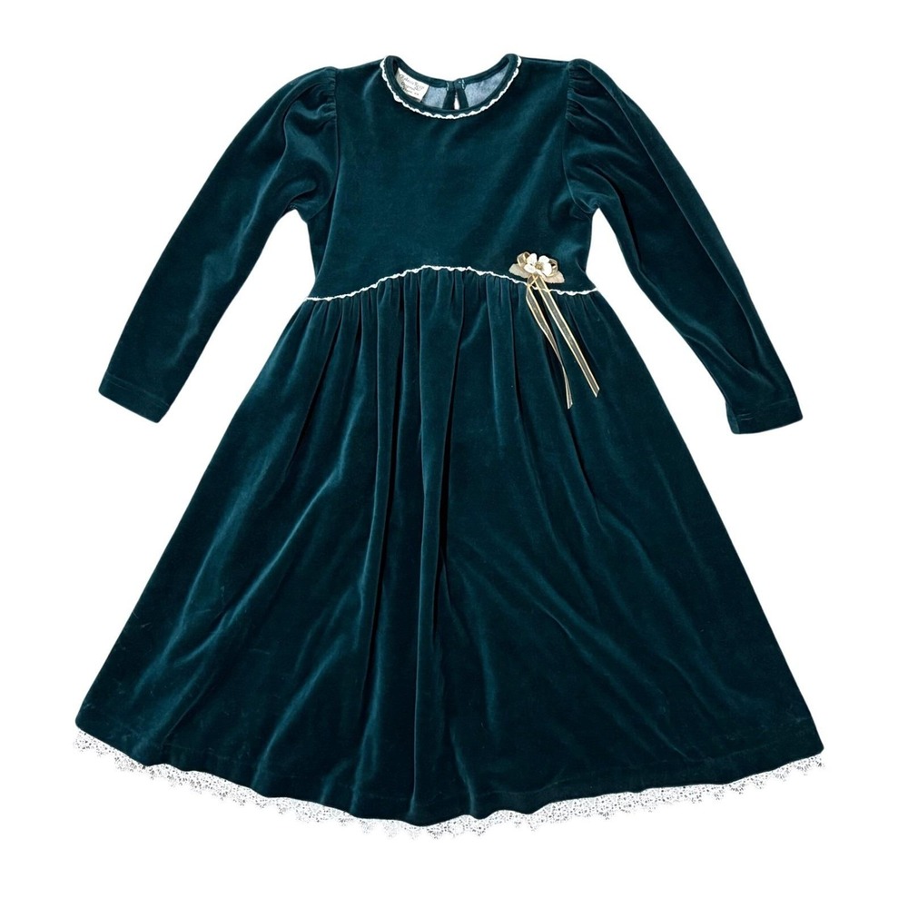 90s Vintage Rebecca Raggs Original Girl Green Velvet Dress Lace Trim Bow Size 14